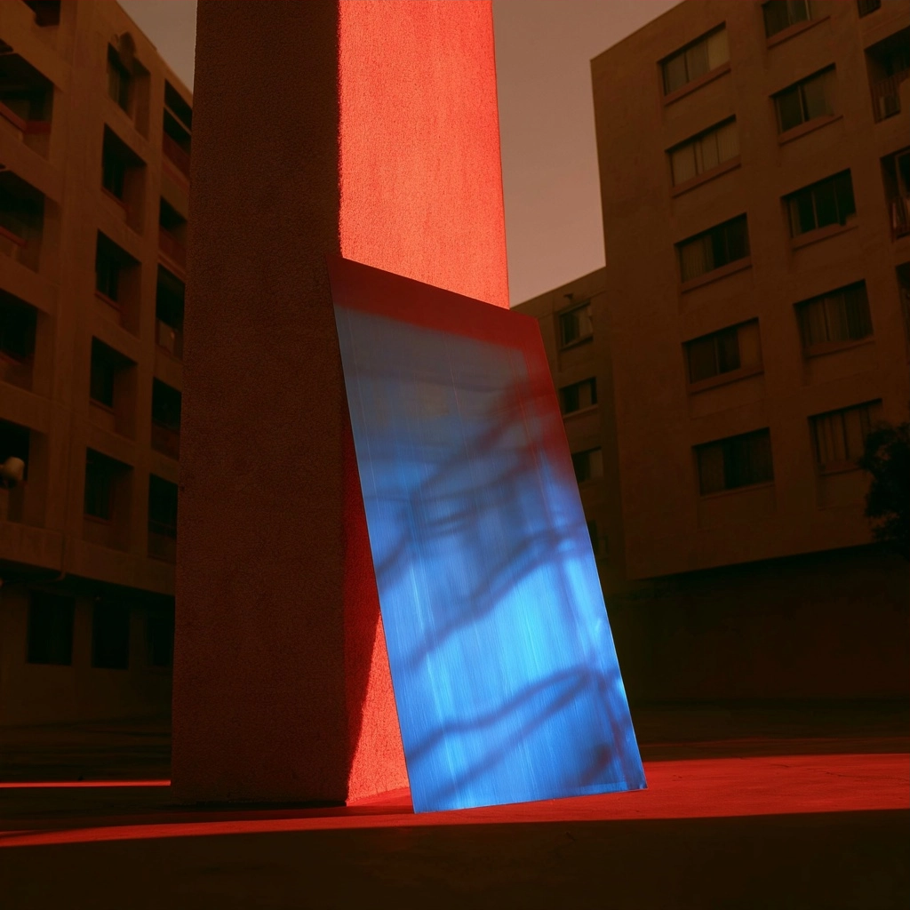A tall red pillar paired with a glowing blue rectangular glass panel in a city courtyard at dusk.