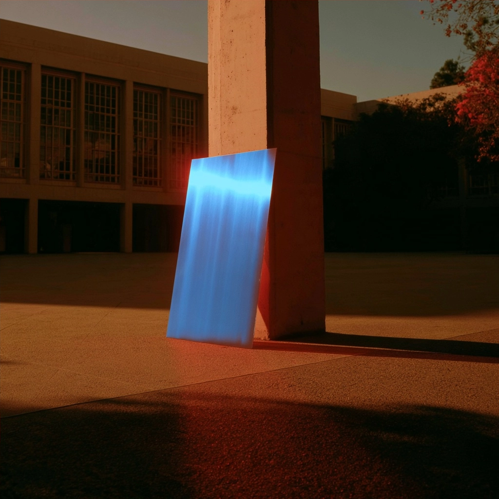 A luminous blue rectangular light installation leaning against a large concrete column in a courtyard.