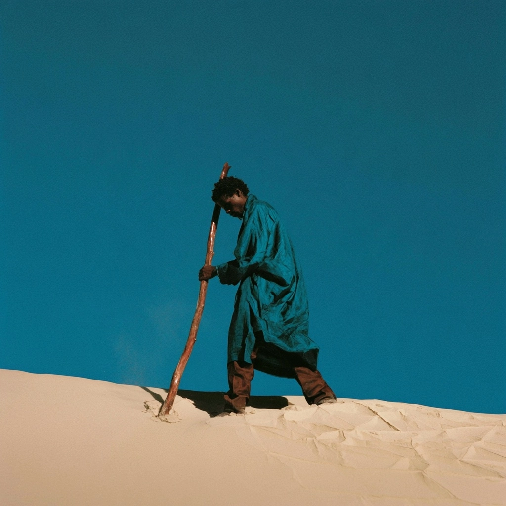 A person wearing a long teal garment walking on a desert sand dune with a wooden staff.