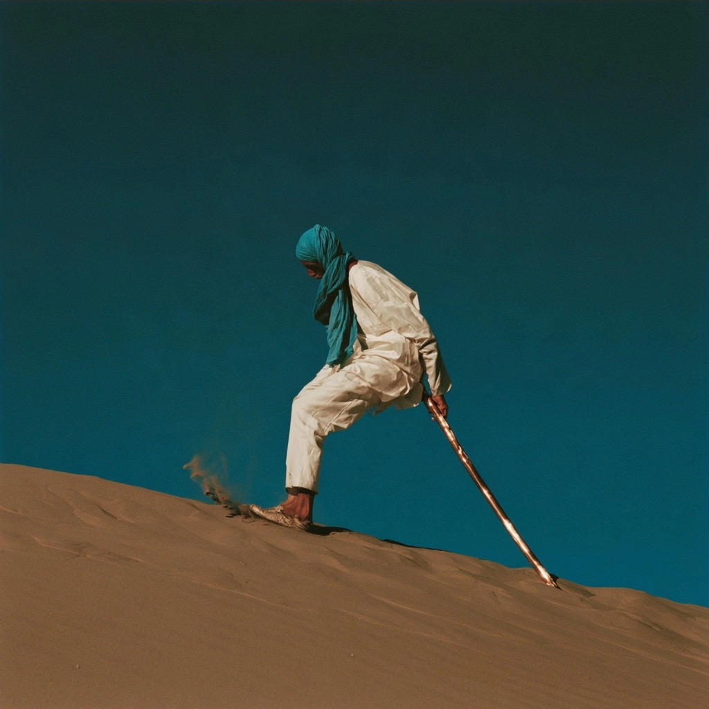 A person in white garments and a blue turban climbing a steep sand dune under a clear sky.