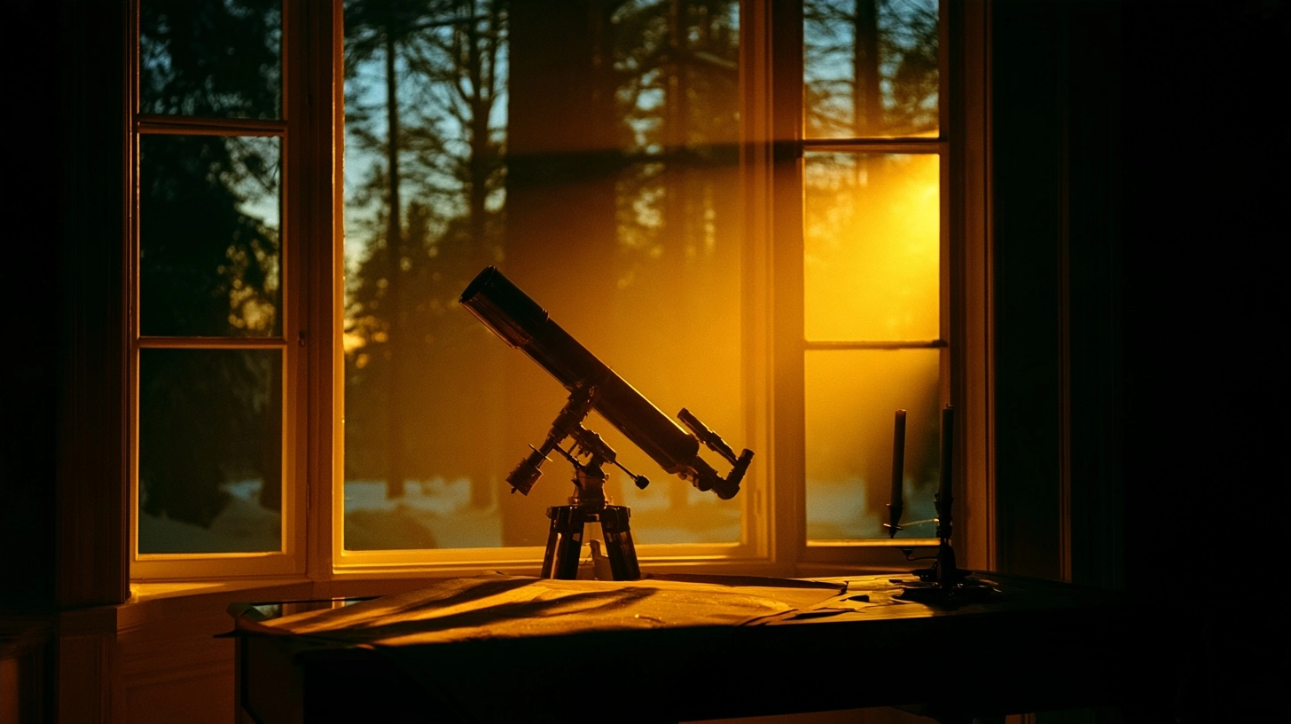 A silhouette of a telescope on a tripod positioned by a window overlooking a forest at sunset.