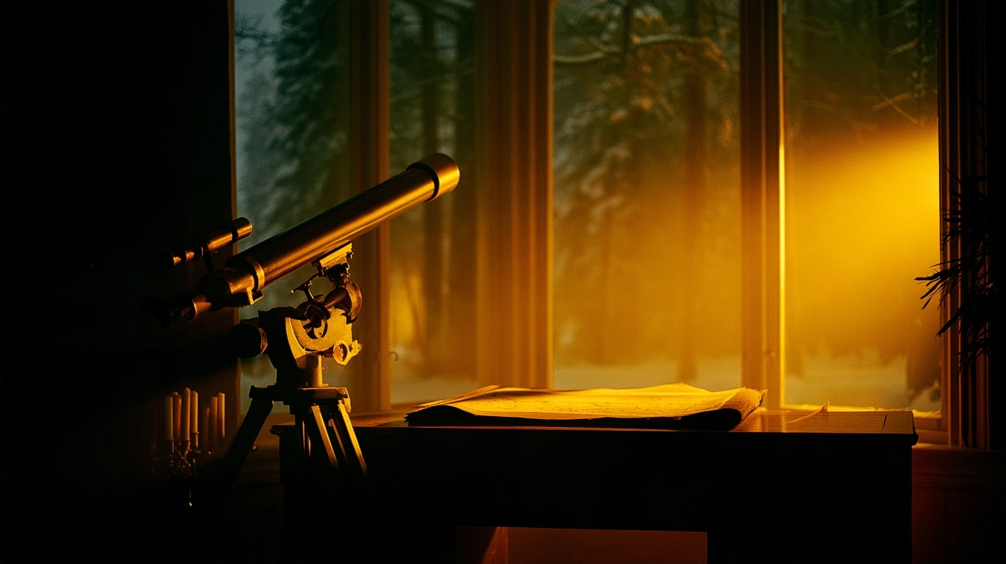A telescope and a rolled map on a table positioned before a window with a view of a snowy forest at dusk.