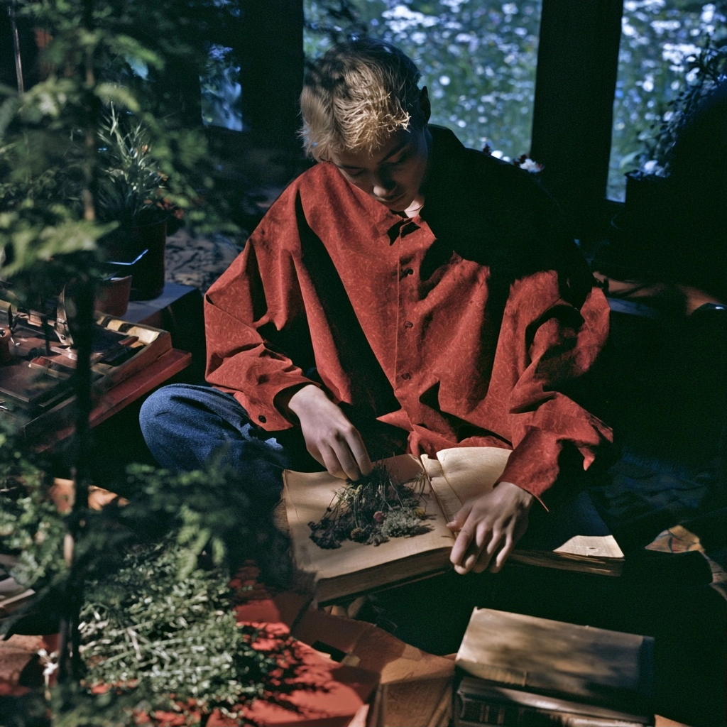 A young man wearing a red button-down shirt reading a book in a lush outdoor setting.
