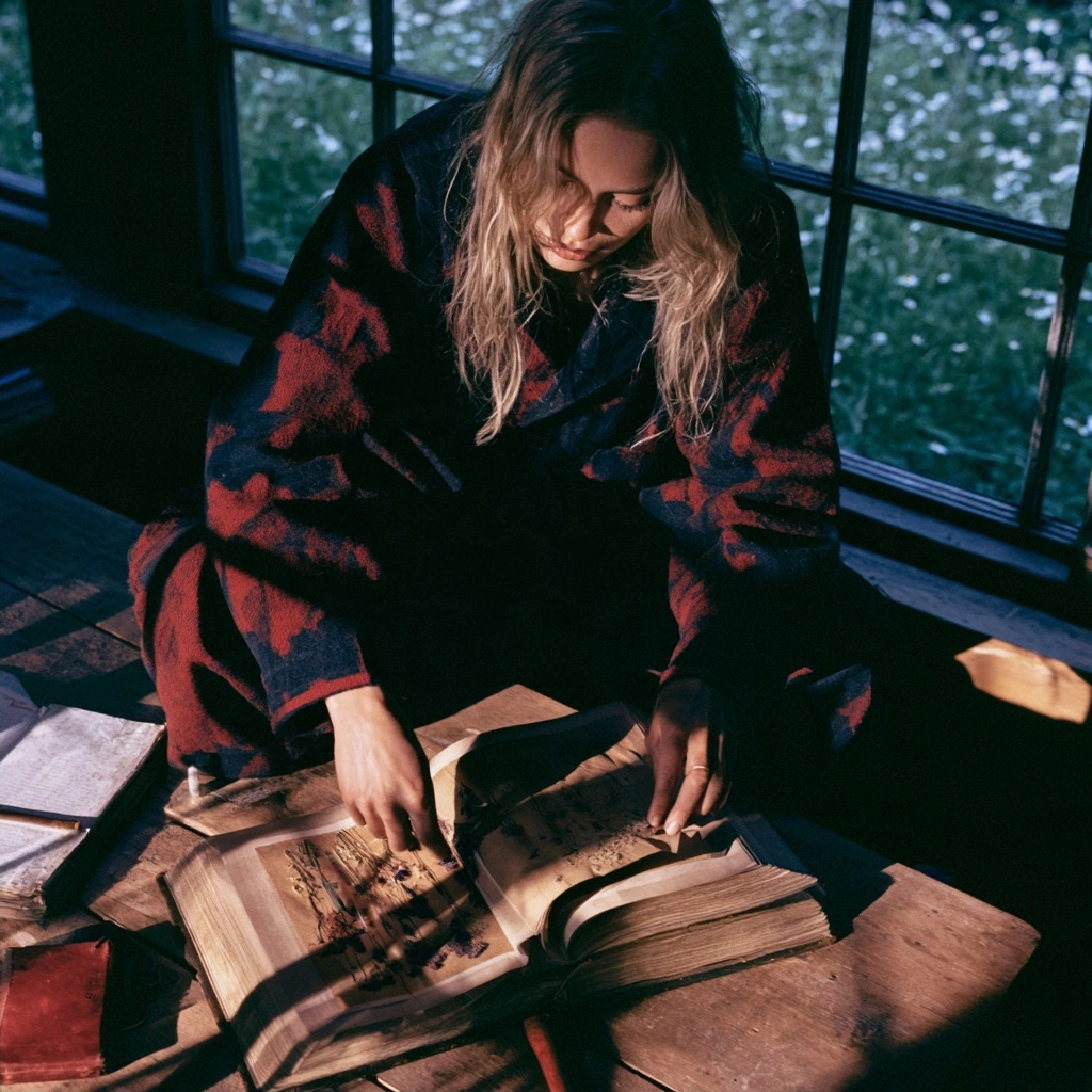 A woman wearing a red and black robe looks down at an open book on a wooden table.