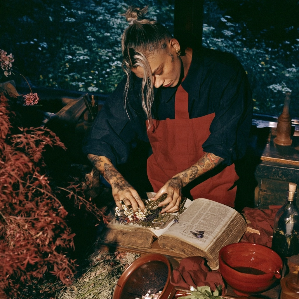 A tattooed person in a red apron examines a large open book of botanical illustrations.