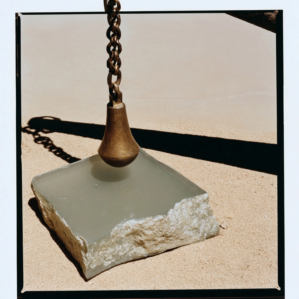 A brass-colored weight suspended by a chain over a pale translucent stone block in the sand.