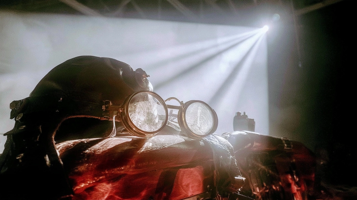 Close-up of round metallic goggles illuminated by a bright beam of light in a dark setting.