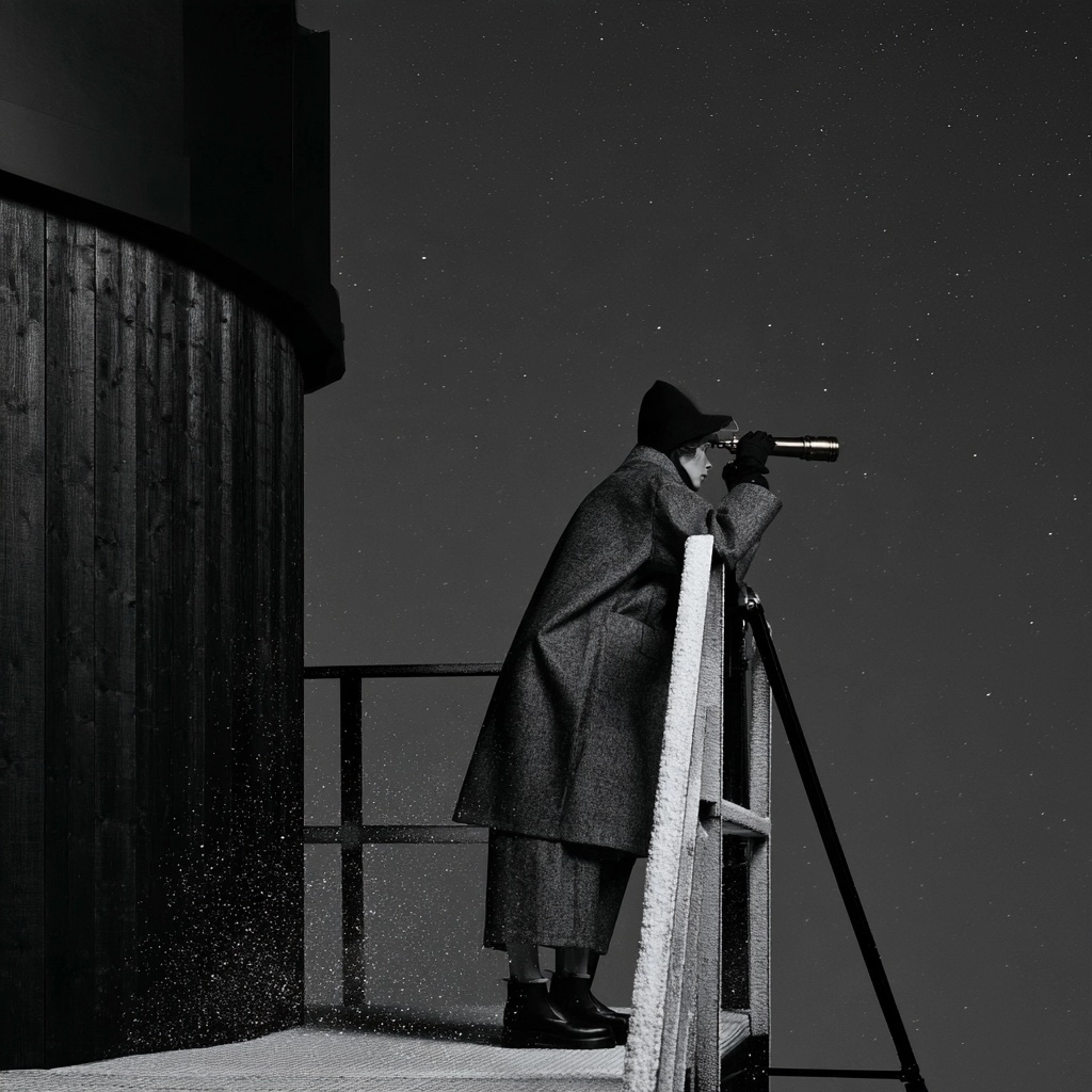 A person in a heavy coat uses a telescope to view the starry night sky from a wooden balcony.