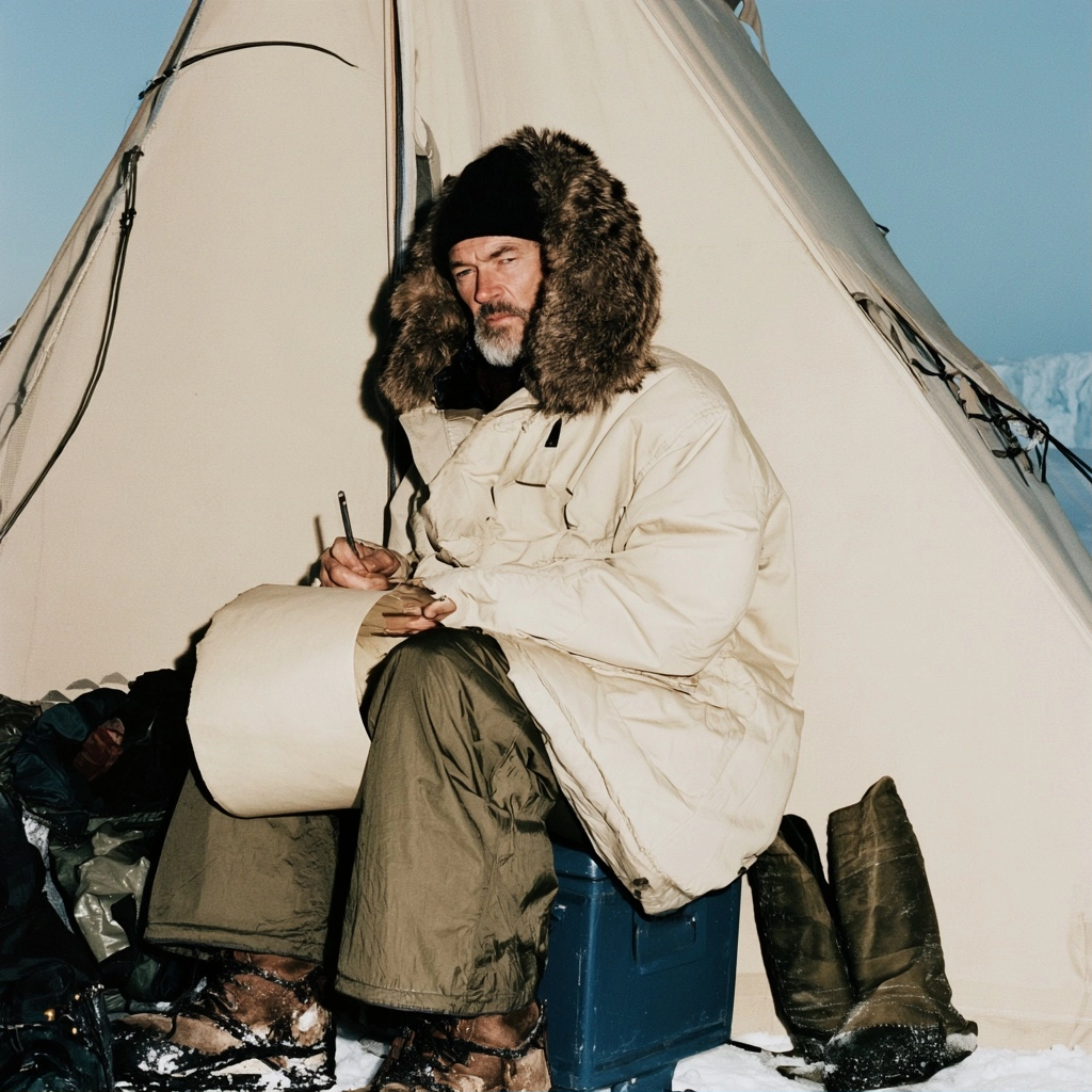 A bearded man in a thick winter parka sits outside a white tent writing in a notebook.