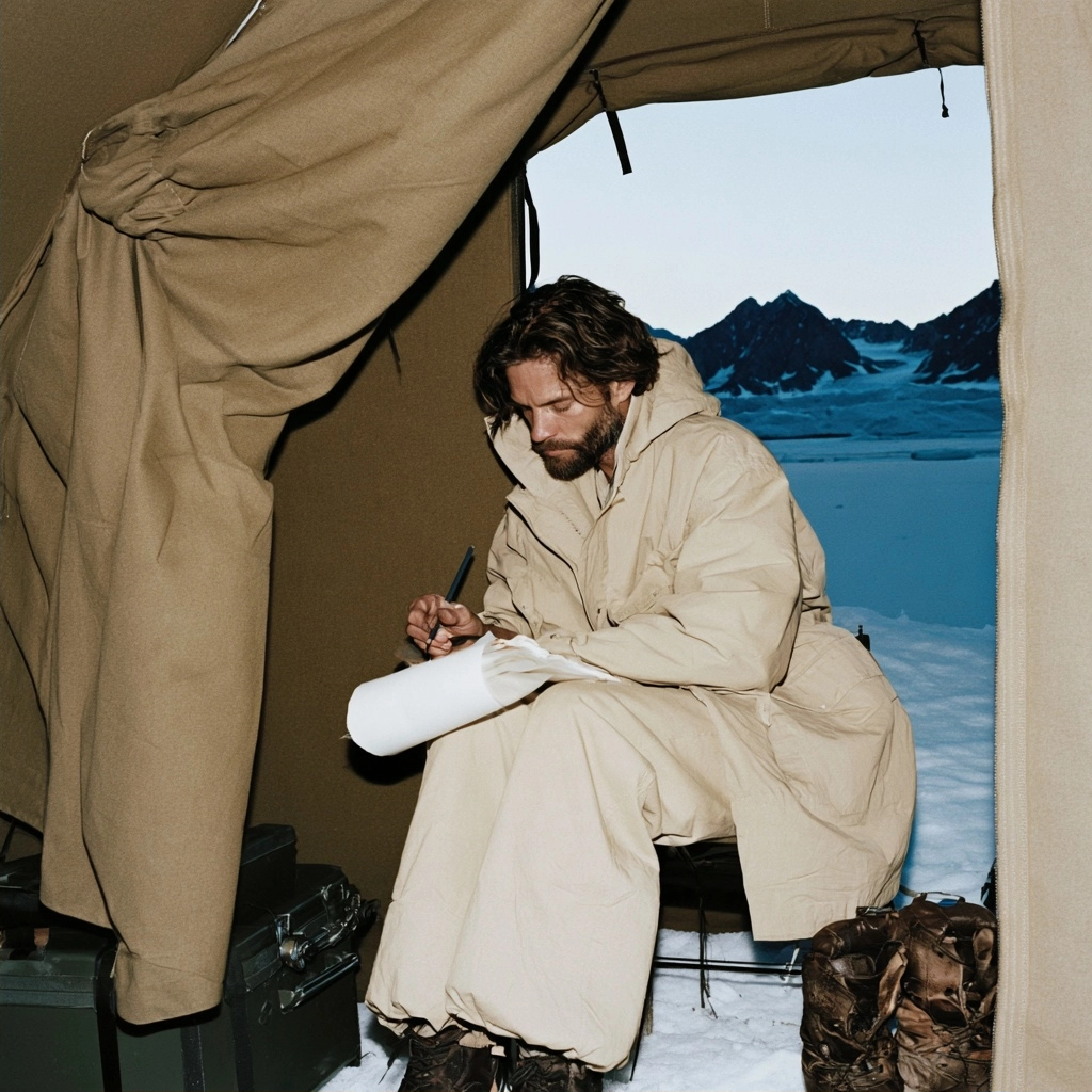 A bearded man in thick beige arctic gear writing on a paper roll inside a tent.