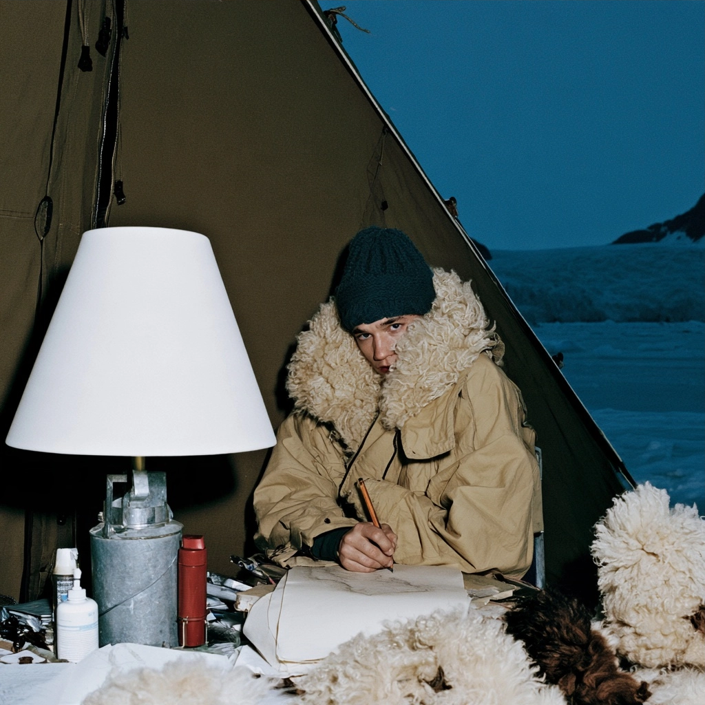A person in a thick tan winter coat with a fluffy collar working at a desk inside a dark tent.