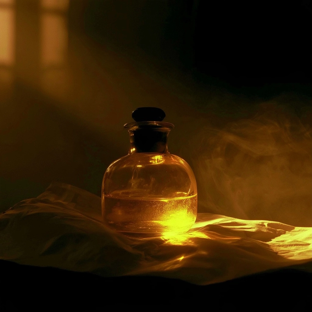 A glowing glass bottle filled with liquid on a draped white cloth amidst swirling golden smoke.