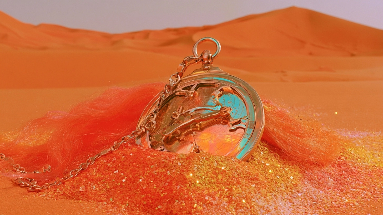 A gold pocket watch nestled in orange glitter and soft feathers with sand dunes in the background.
