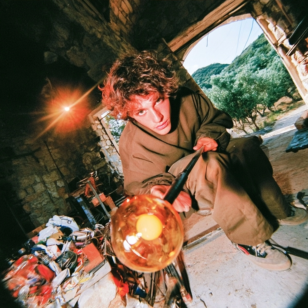A young man looking at the camera while working with glowing molten glass in a rustic stone studio.