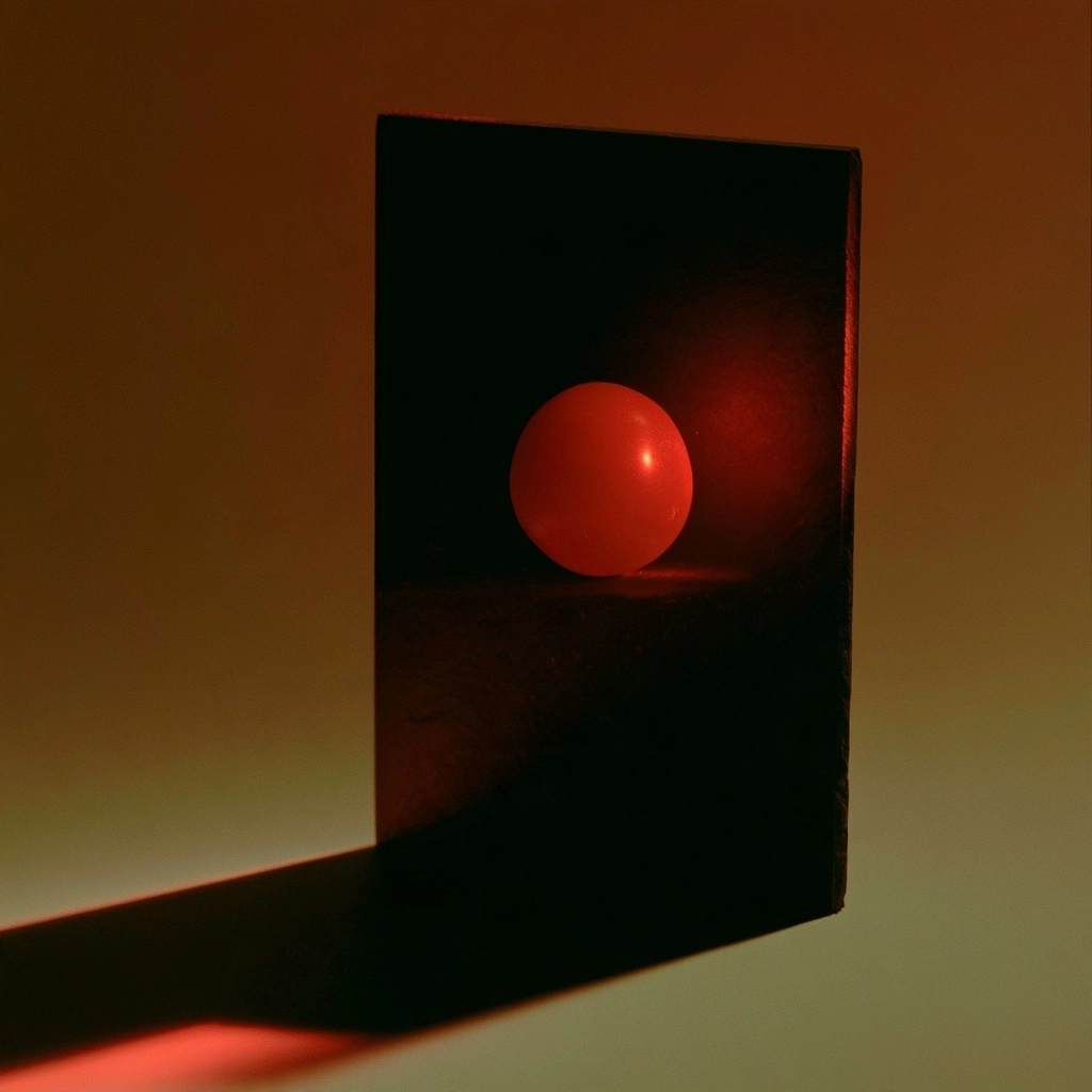 A luminous red orb centered in a dark, shadowy rectangular void.