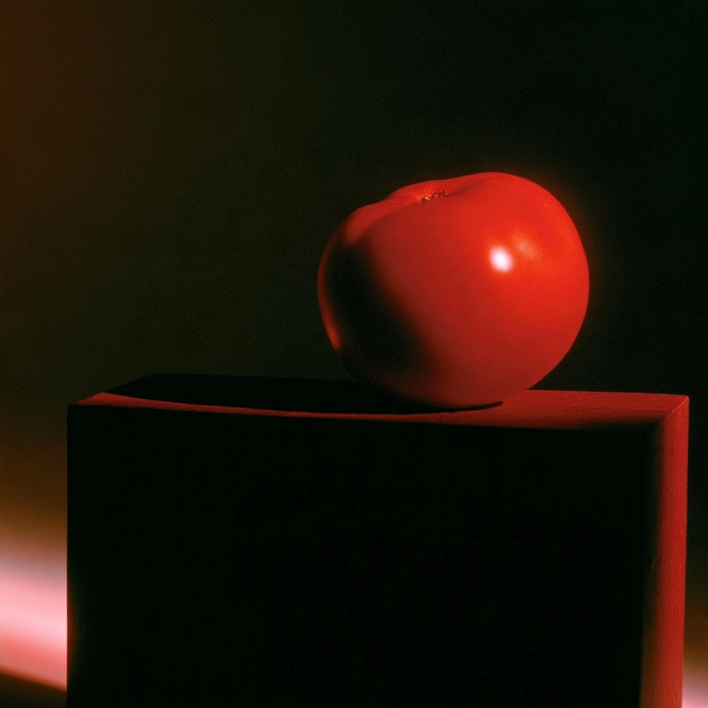 A bright red tomato resting on a dark block against a black background.