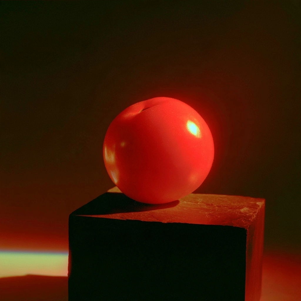A glowing red orb sitting atop a dark square block in a dark room.