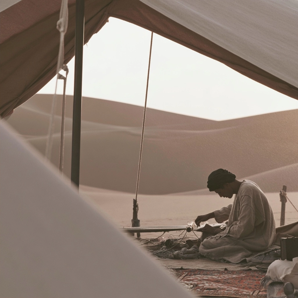 A person in traditional clothing sitting on a rug under a tent in the desert dunes.