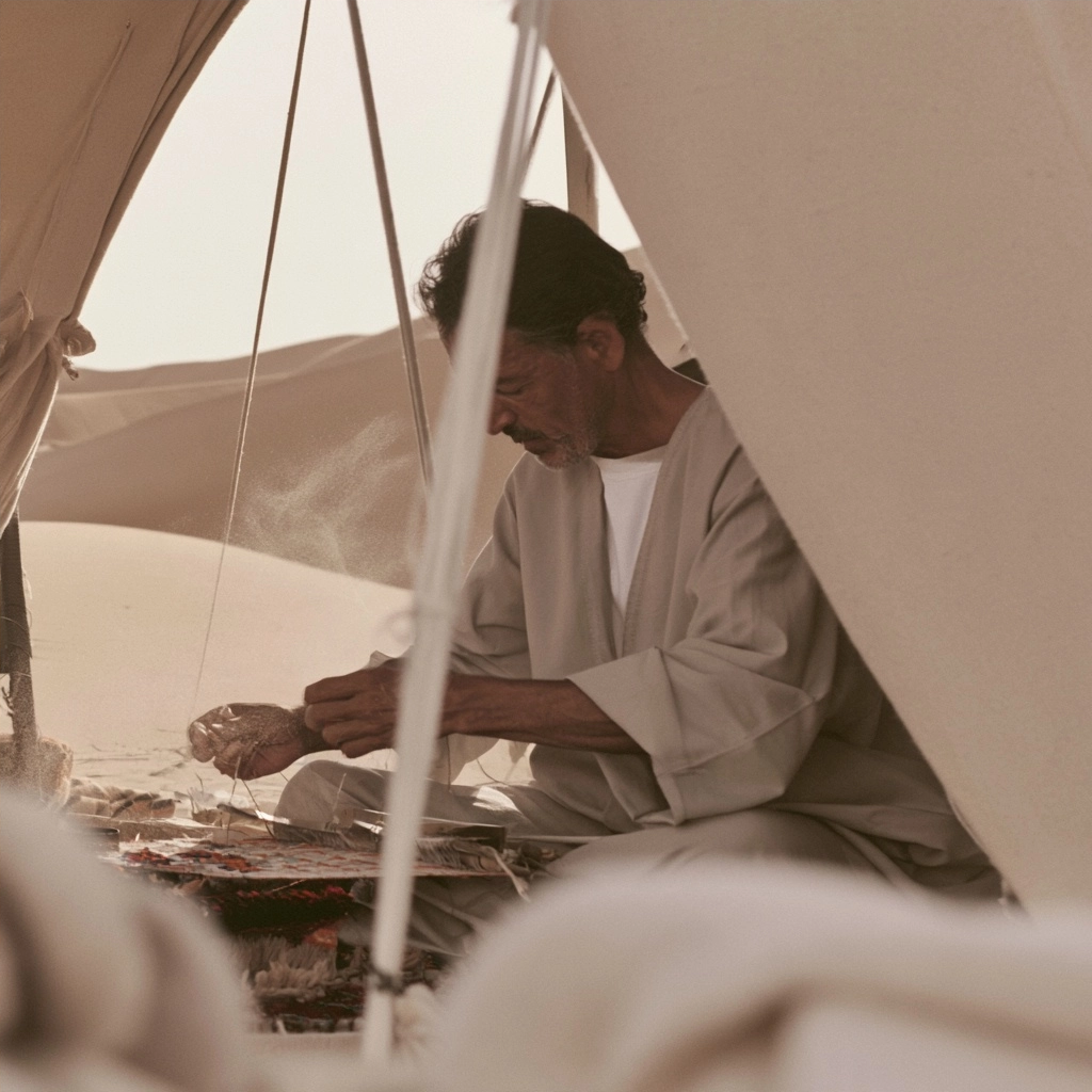 A man wearing light robes sits cross-legged inside a canvas tent in the desert.