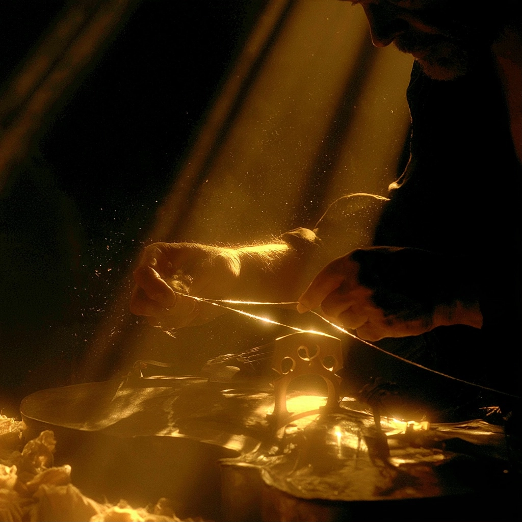 Close up of hands working with a thin glowing wire under dramatic golden lighting.