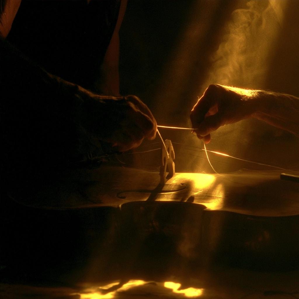 Close up of hands manipulating thin wires under a dramatic beam of golden light.