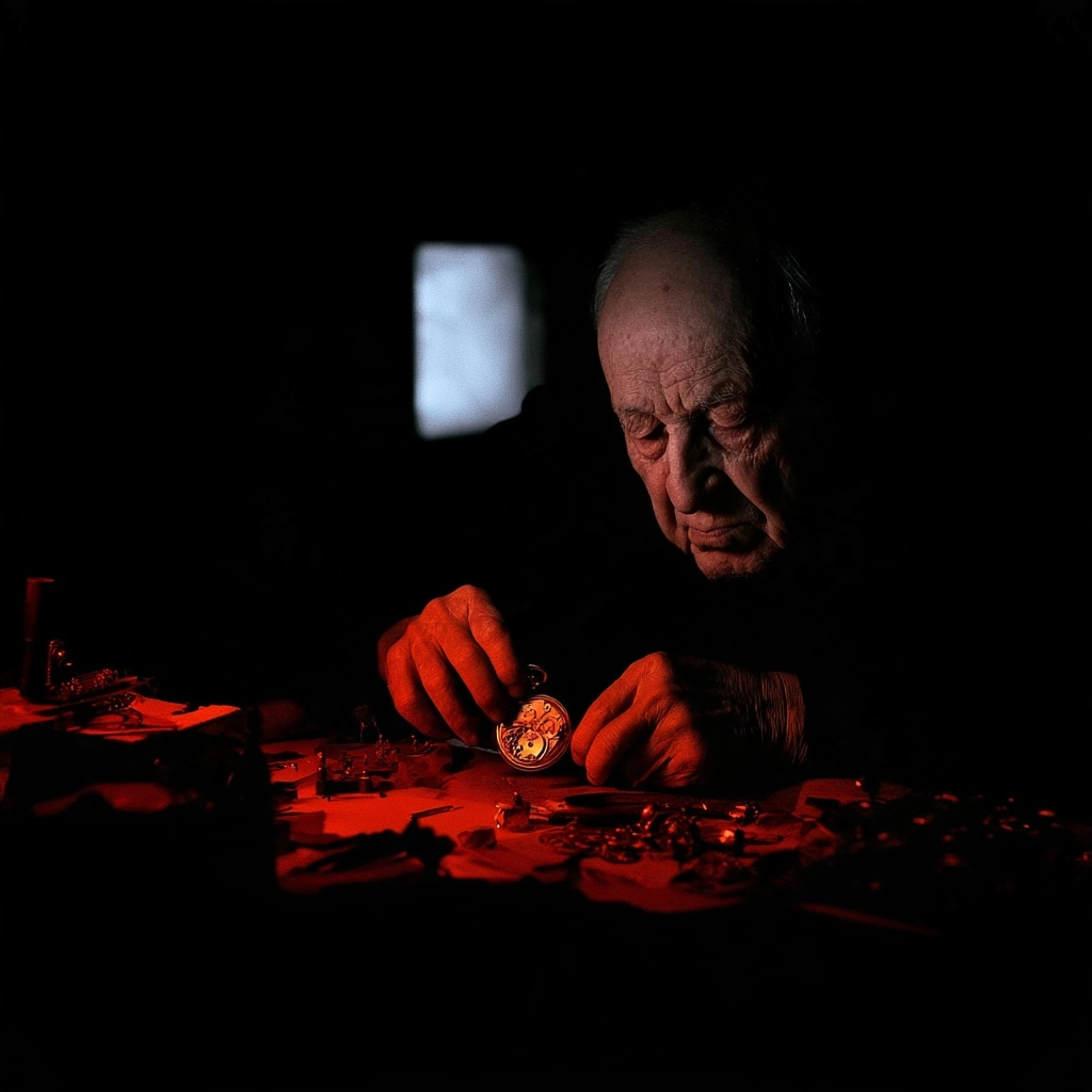 An elderly man looking closely at a gold medallion in a dark room lit by red light.