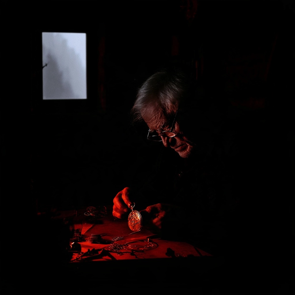 A close-up profile of an elderly man looking down at a small metallic object under red lighting.