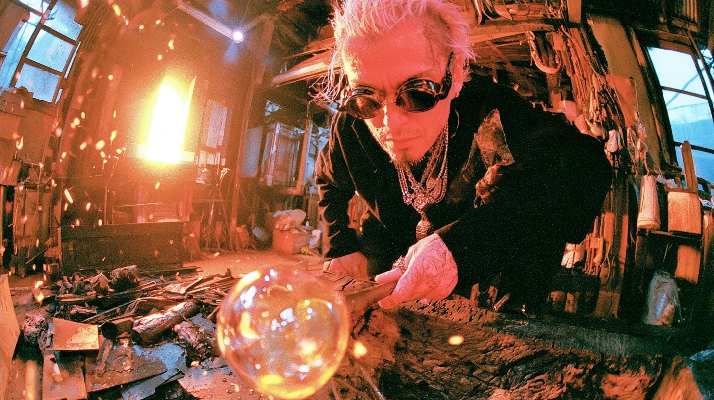 A man wearing dark sunglasses works in a dimly lit workshop surrounded by flying orange sparks.