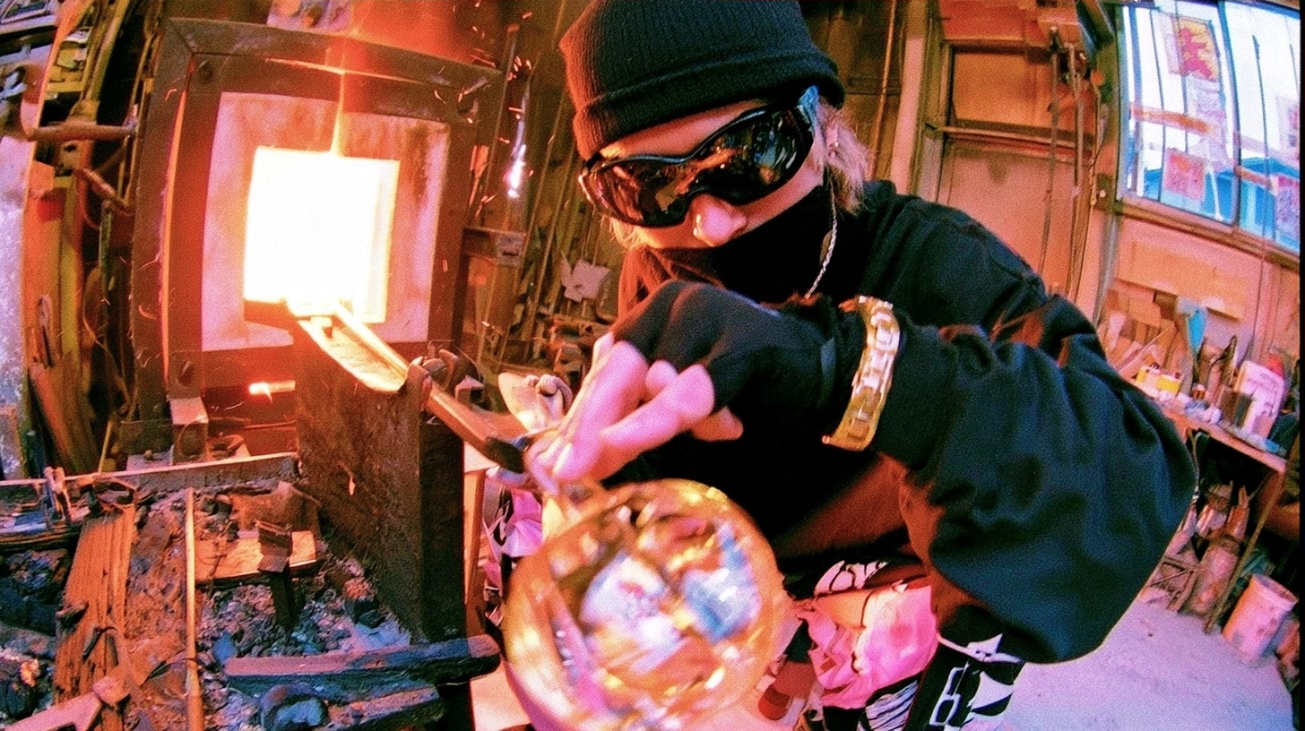 A glassblower in protective gear shaping glowing molten glass in a dark workshop.