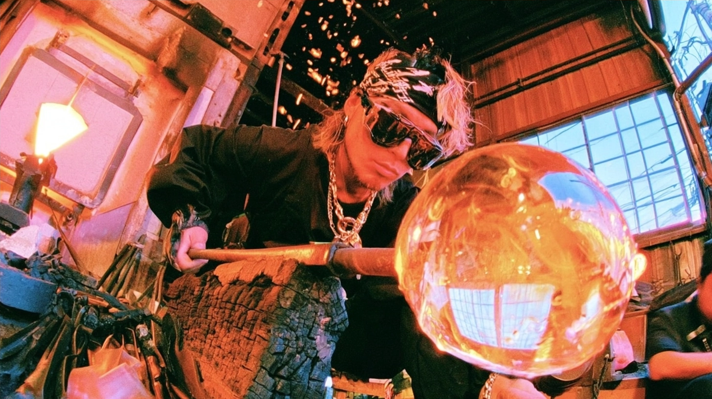 A glassblower in sunglasses manipulating a large, glowing sphere of molten glass.