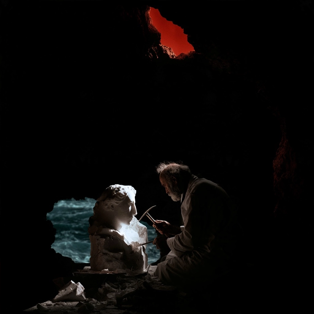 A man working on a white stone bust inside a dark cavern with ocean views.
