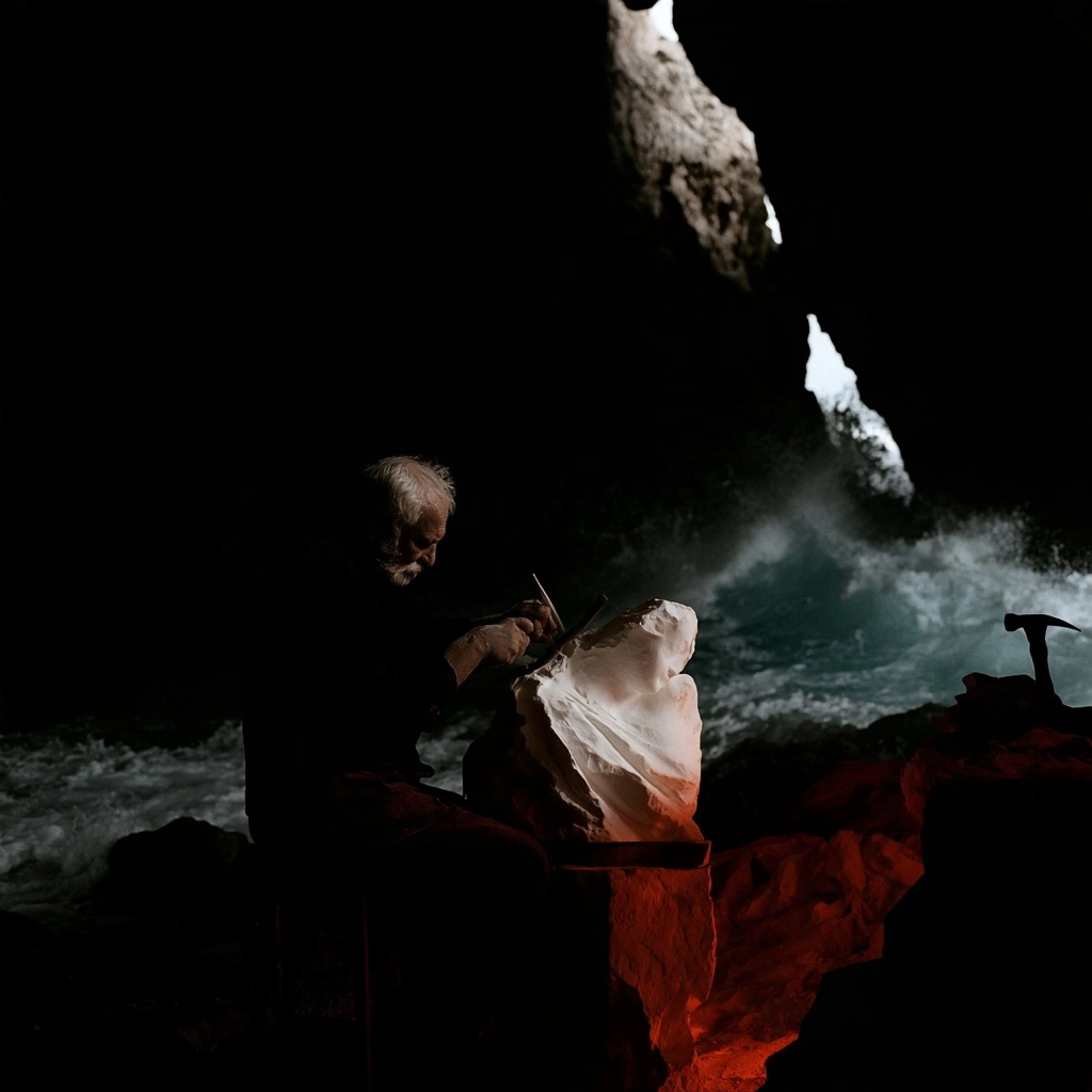 A man working on a white sculpture by the dark, crashing sea waves.