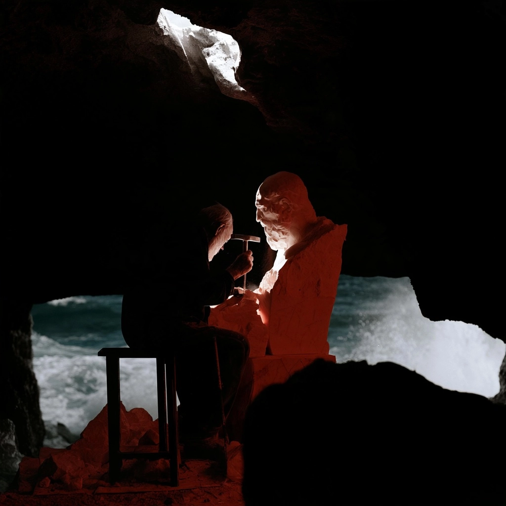 A sculptor working on a large stone head inside a dark, dimly lit cavern.