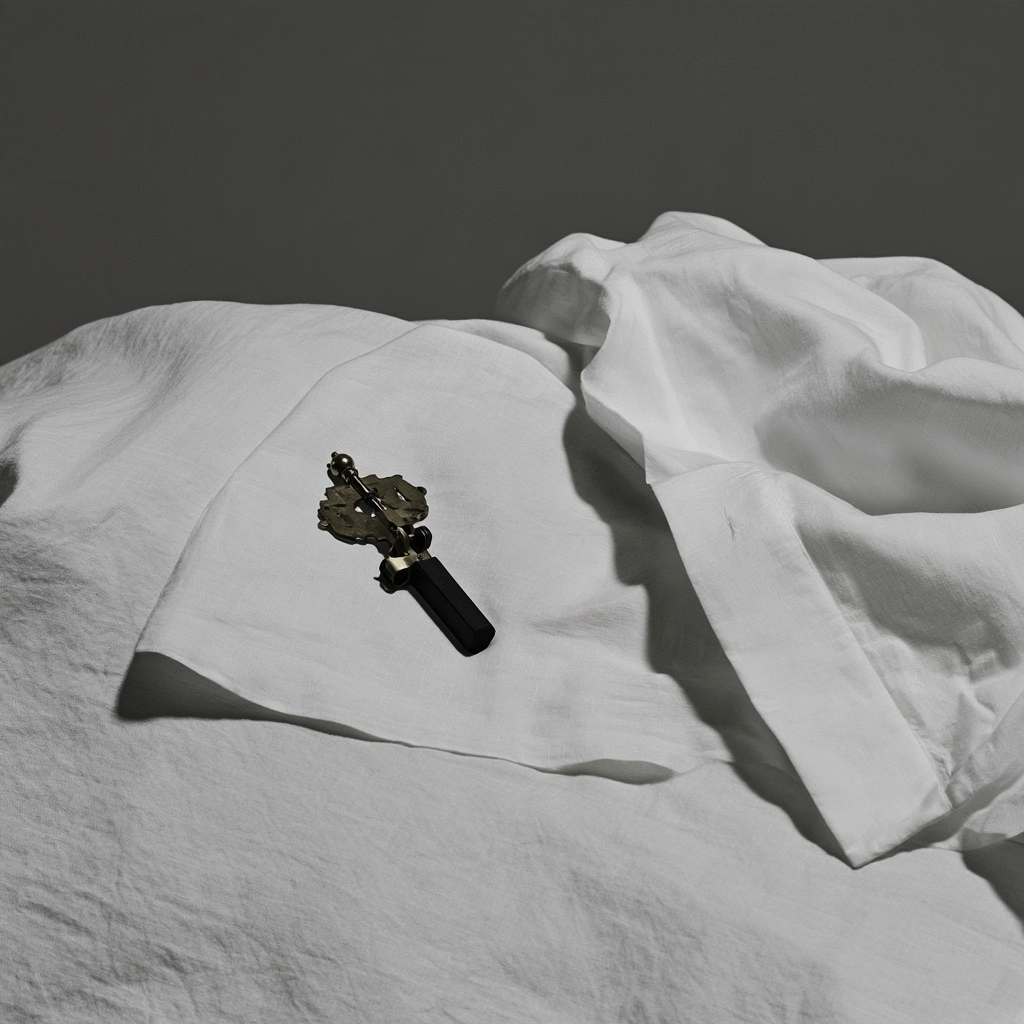 A dark, ornate small object lying on folds of white linen fabric.