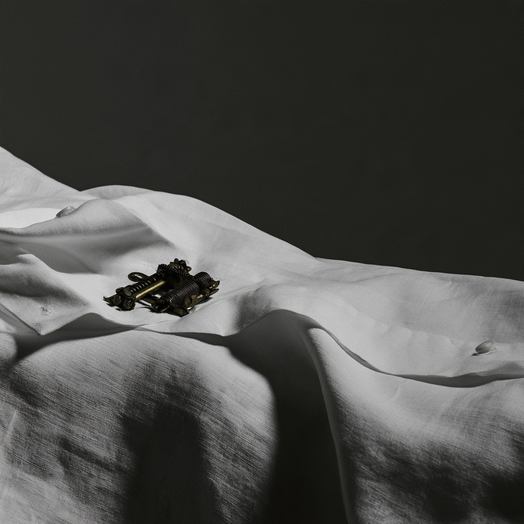 A dark metal object resting on the undulating folds of a white linen cloth.