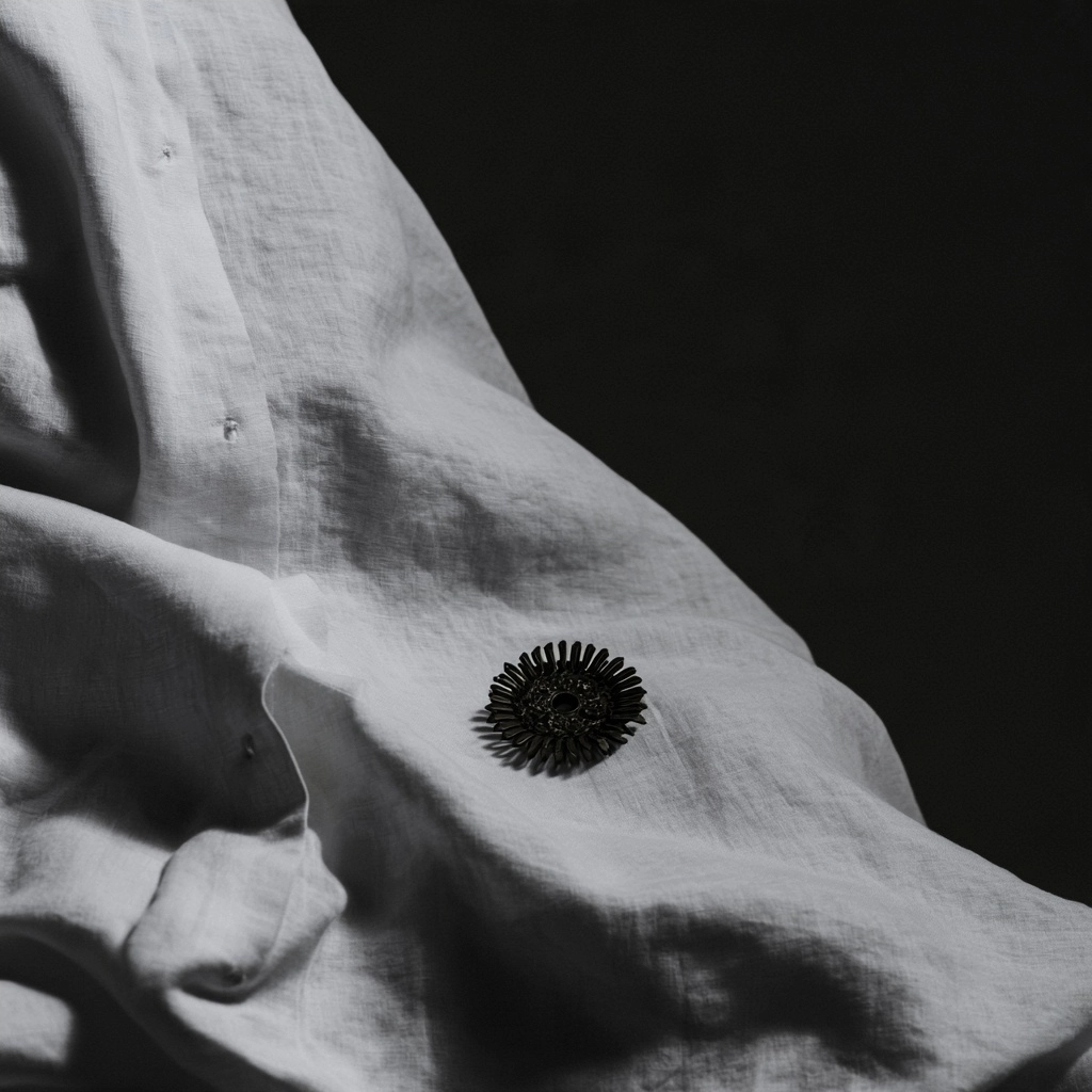 A dark decorative disc lying on folds of white linen fabric in monochrome.