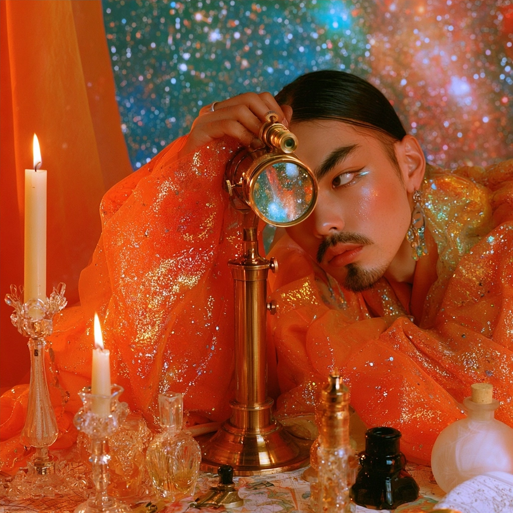 A person wearing sparkling orange fabric peering through a brass telescope under a cosmic starry sky.