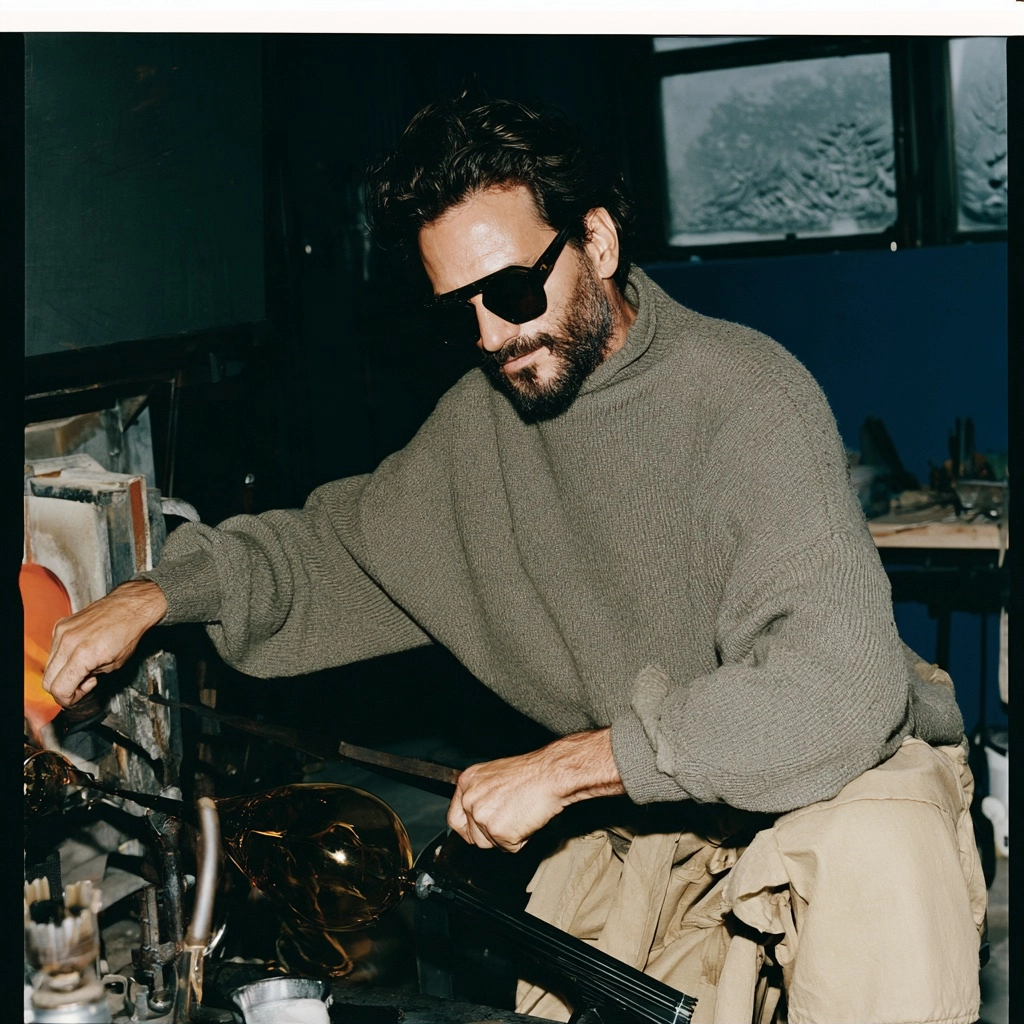 A man in a green sweater and sunglasses crafting glass in a dimly lit workshop.