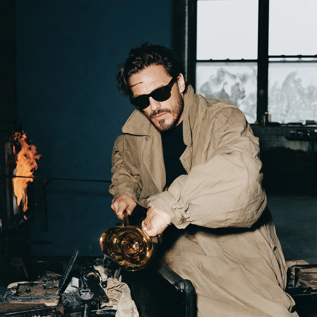 A man in a tan jacket and sunglasses working with glowing molten glass in a dark studio.