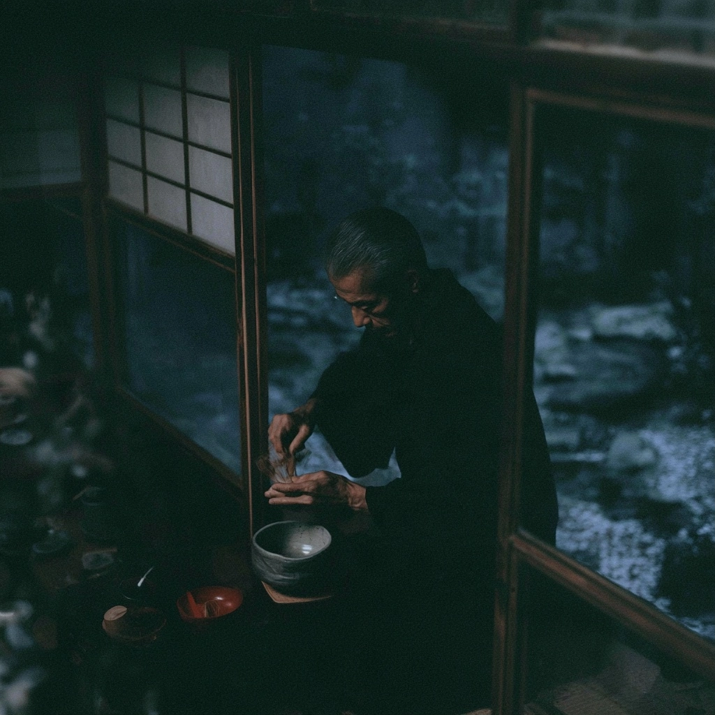 An elderly man in dark clothing looking down at a bowl near a window in a dark room.
