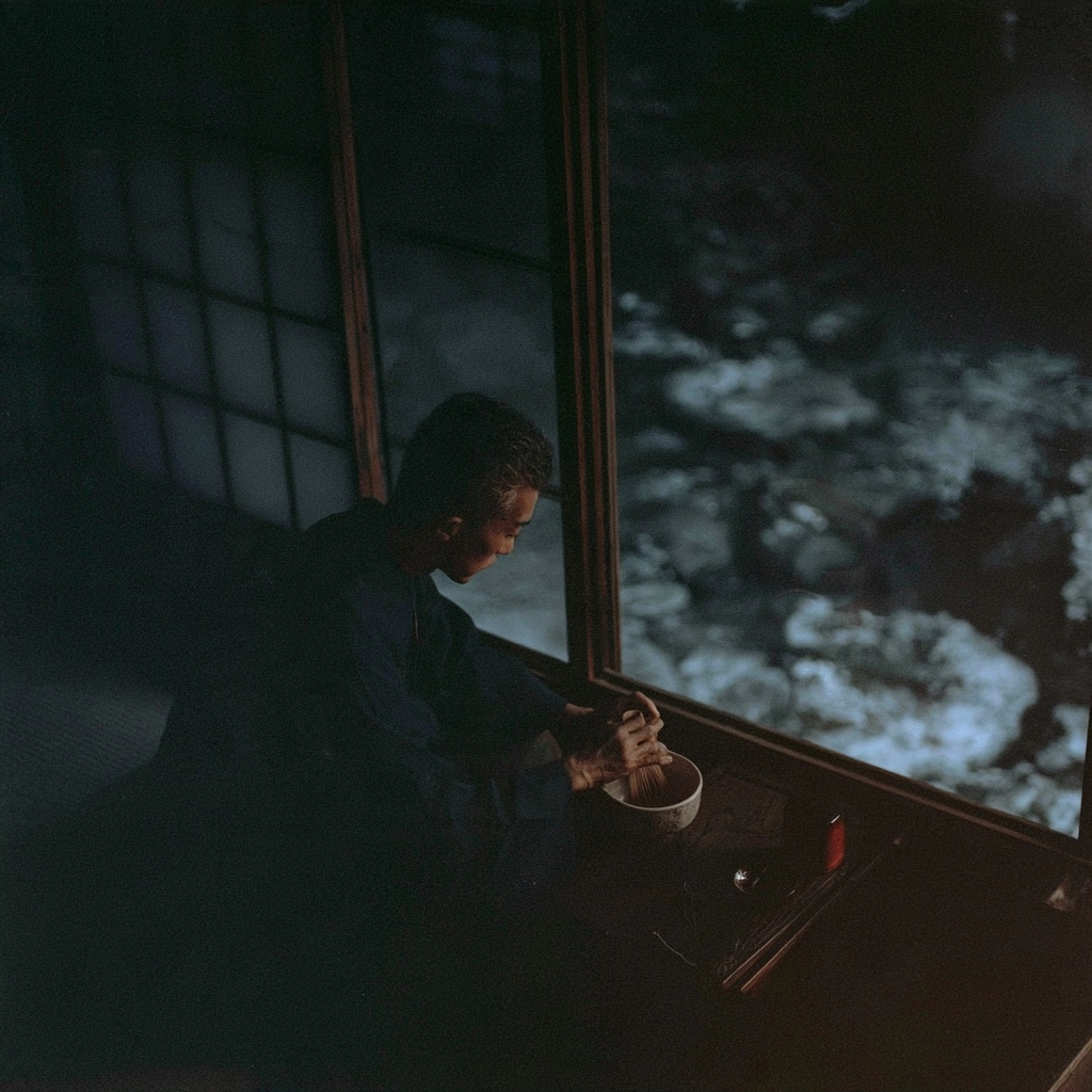 A silhouette of a man sitting by a window overlooking a dark, misty landscape at night.