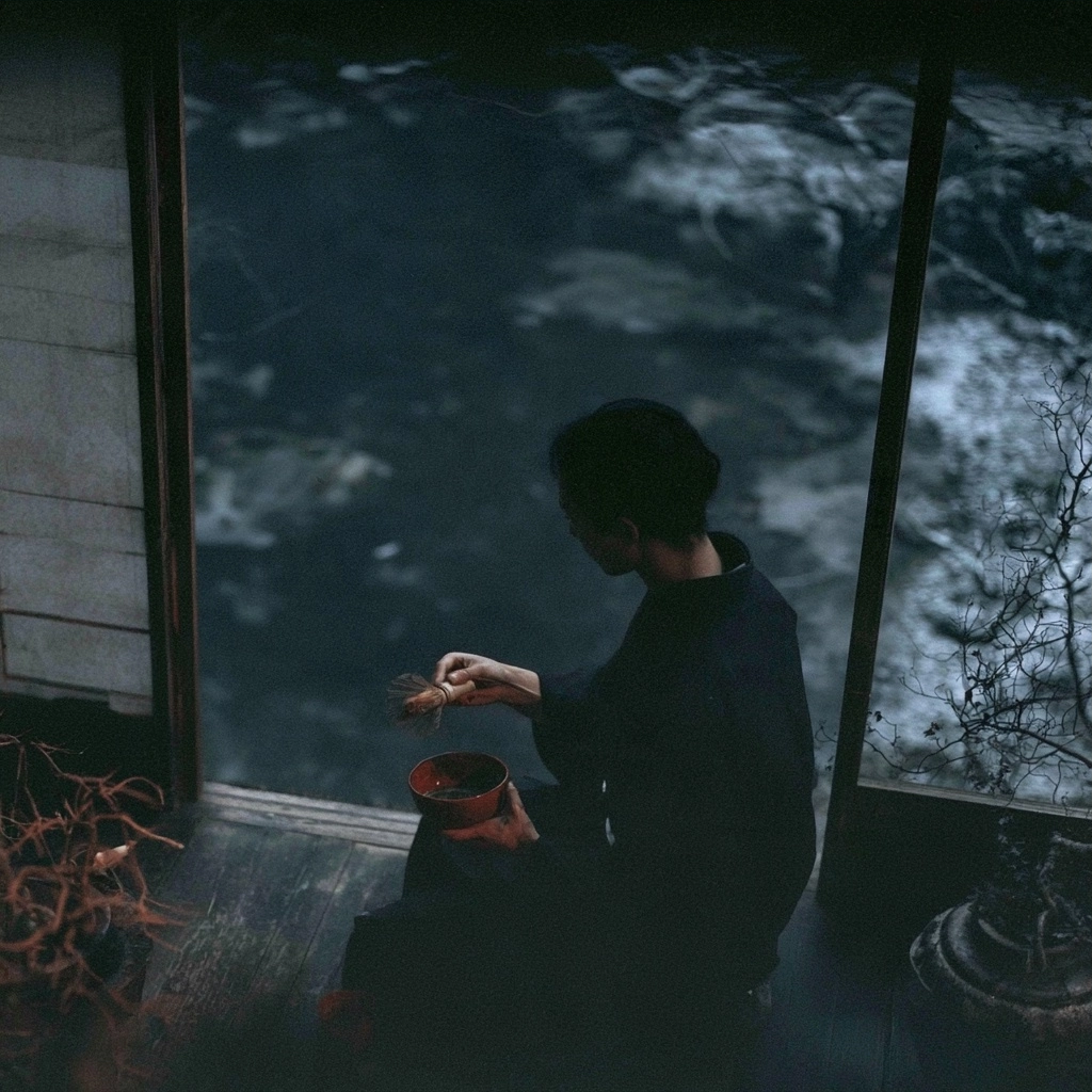Silhouette of a person sitting on a porch by a dark lake at night.