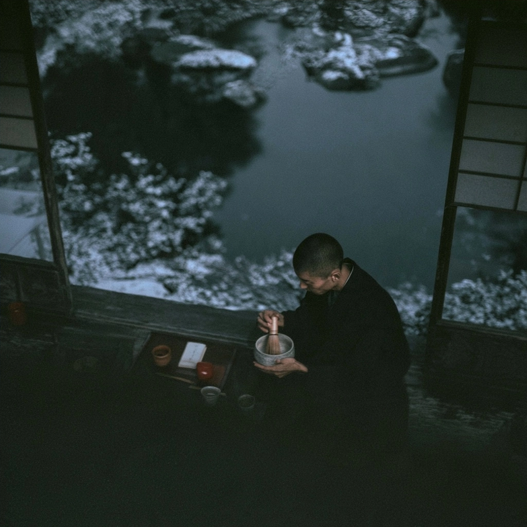 A man prepares tea while sitting near a window overlooking a dark, snowy landscape.