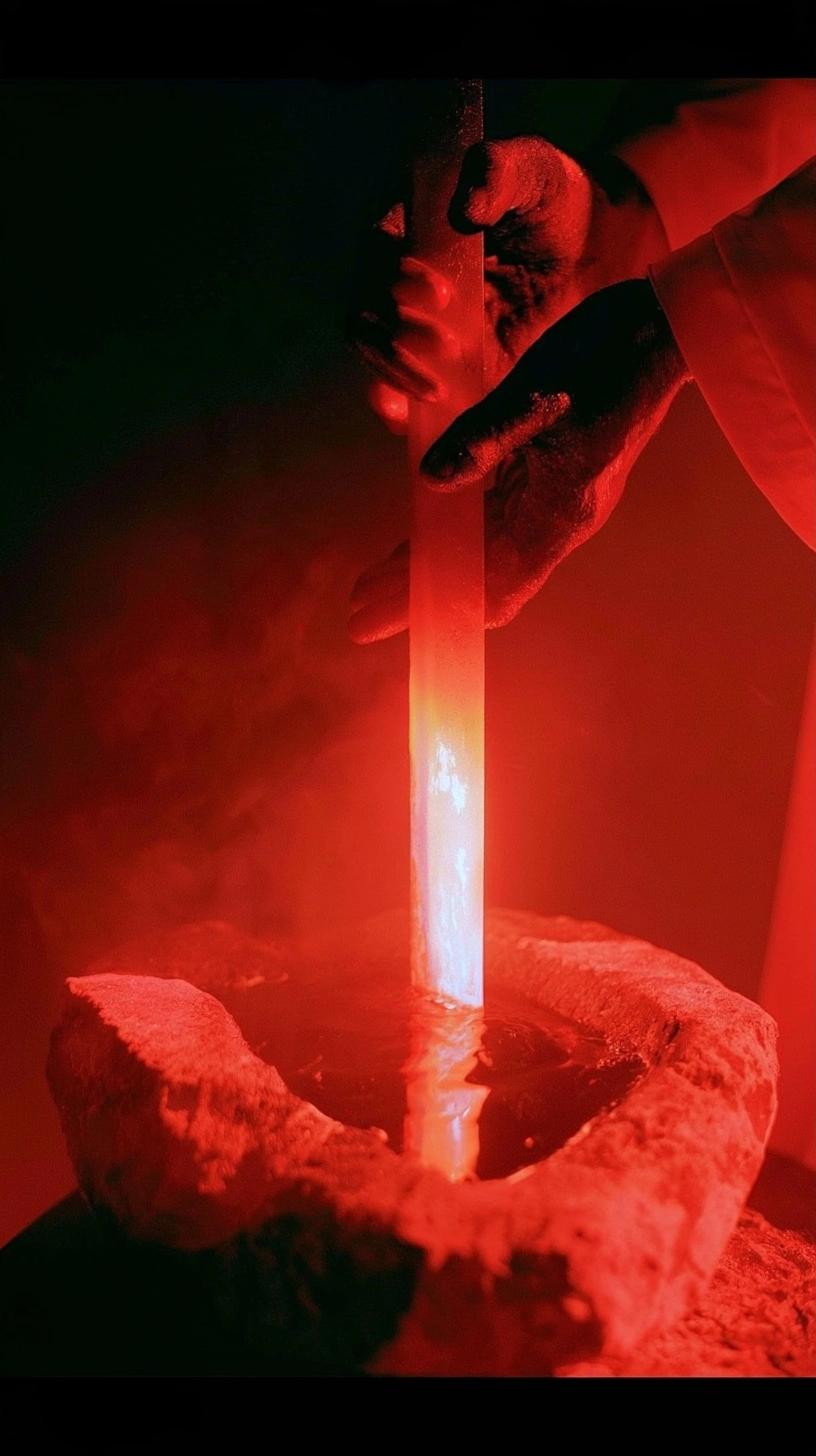 Hands holding a glowing red hot metal rod over a stone crucible filled with liquid under red light.