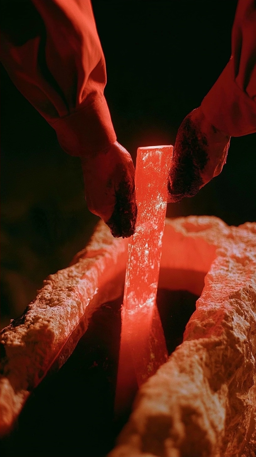 Hands in protective gloves holding a bright red glowing rectangular slab over a stone container.