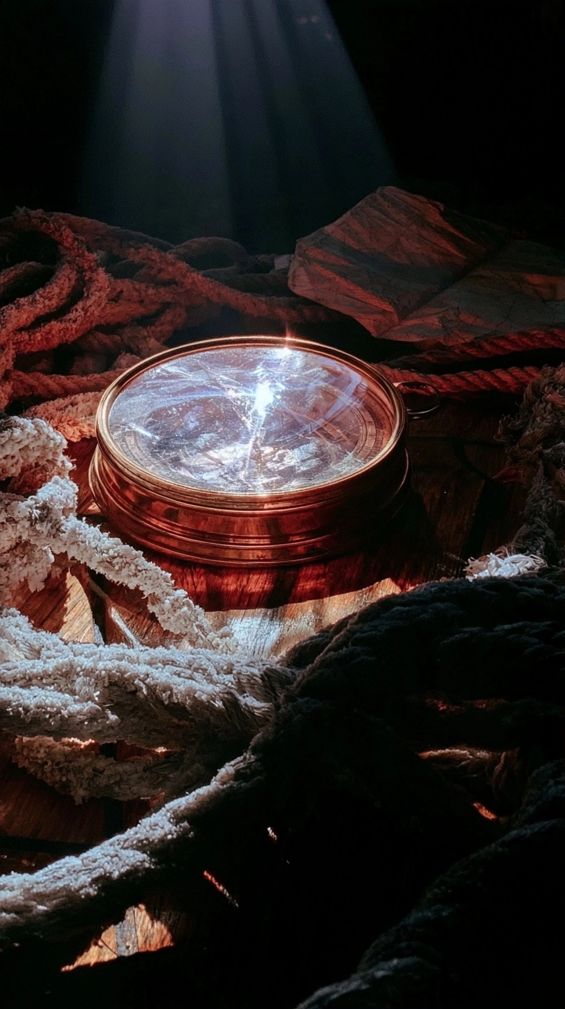 A metallic circular object illuminated by a beam of light amidst coiled ropes on wood.