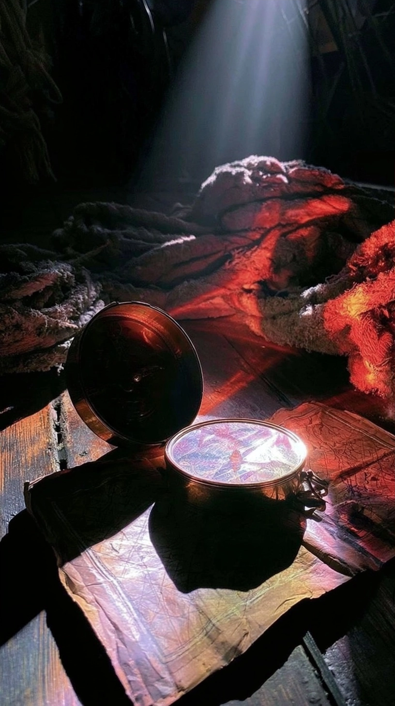 A metallic circular object sits on weathered parchment illuminated by a single bright light beam.