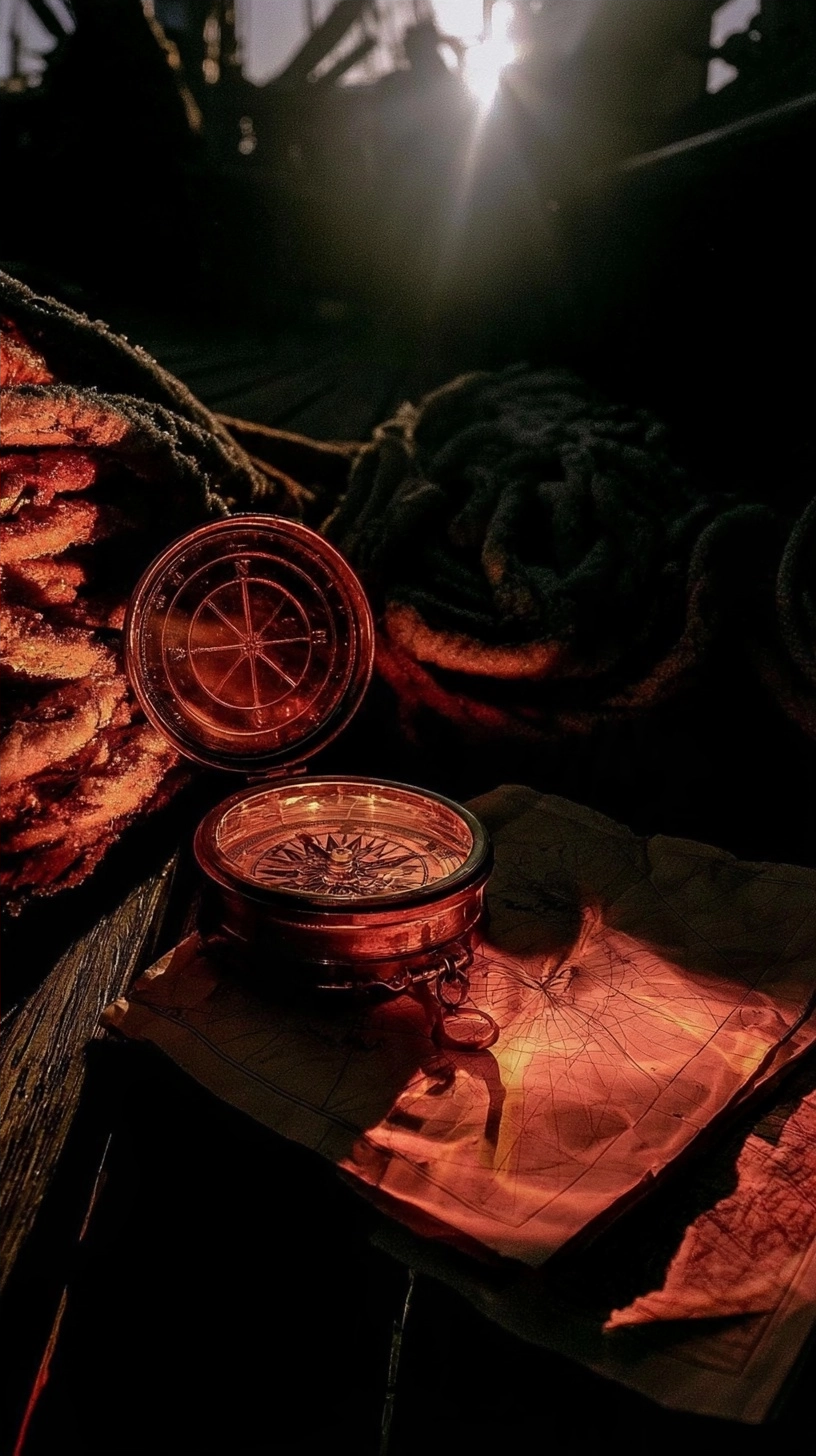 A brass compass sits atop an old paper map in warm, low-light conditions.