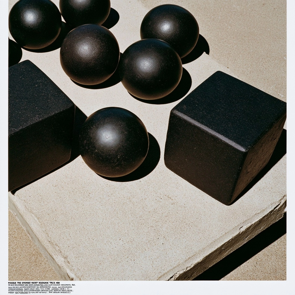 Black matte spheres and cubes casting sharp shadows on a beige stone slab.