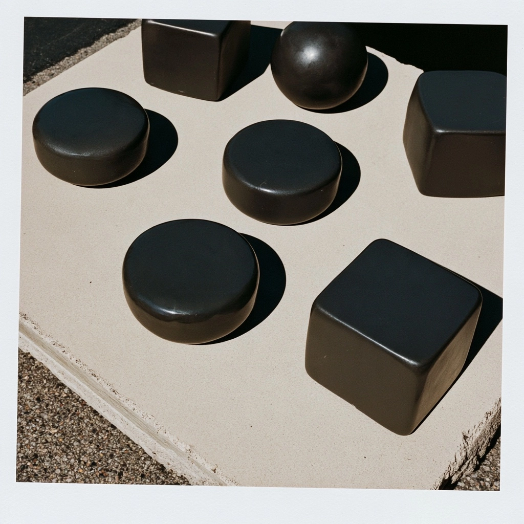 Black matte cubes and spheres resting on a beige rectangular base under bright sunlight.
